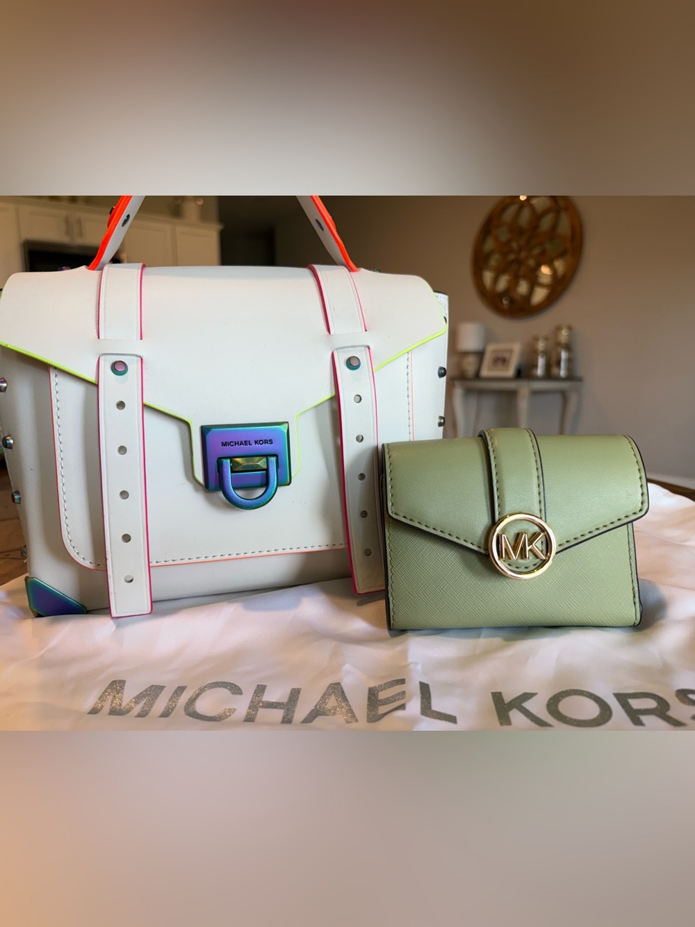 MICHAEL KORS White Satchel with Neon Trim and Michael Kors Wallet set